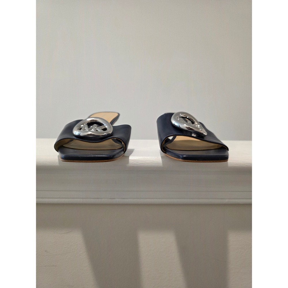 Women's sz 6 B Michael Kors Milan Mule Sandal Blue Leather MK Logo Kitten Heel - Picture 2 of 9